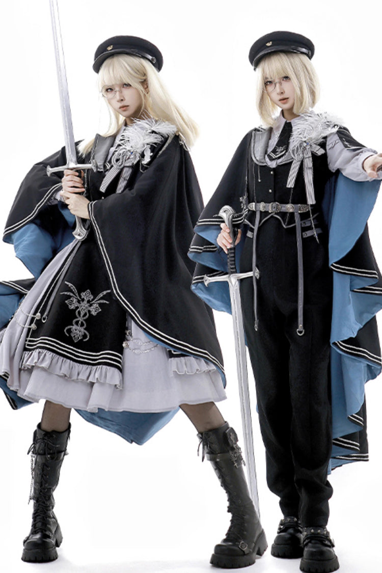 Black/Blue [Dark Night Contract] Long Sleeves Prince Handsome Ouji Lolita Blouse Pants Vest Set