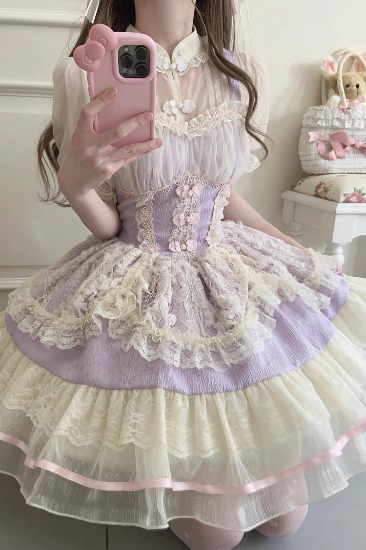 Flower Bud Halterneck Print Ruffle Lace Sweet Chinese Ballet Style Lolita Jsk Dress 3 Colors