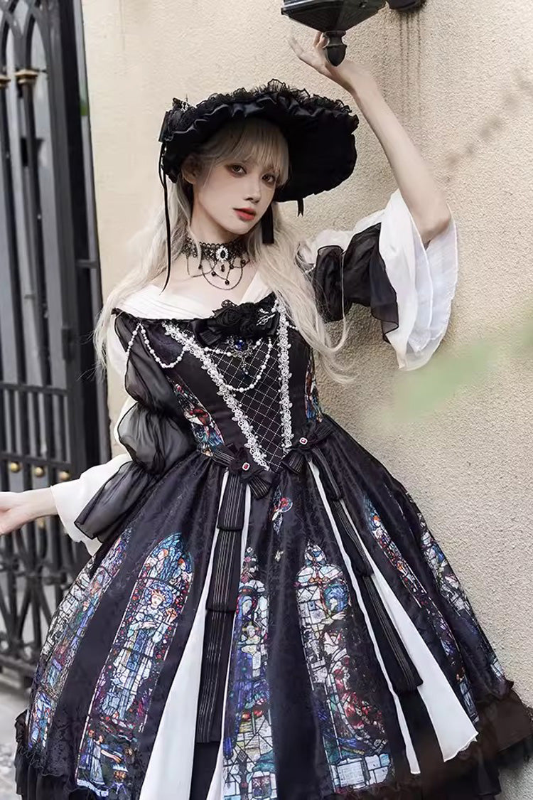 Black Stained Window Print Ruffle Bowknot Gothic Elegant Lolita Jsk Dress