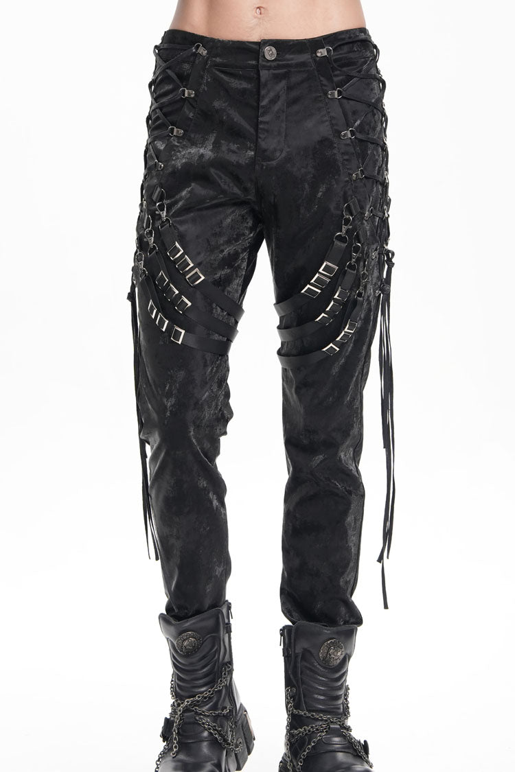 Black Buckle-up Spaghetti Straps Stitching Men's Gothic Pants