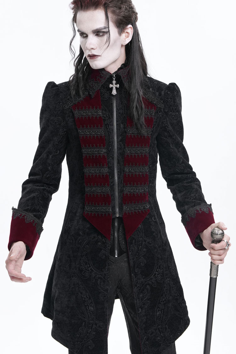 Black/Red Lapel Collar Long Sleeves Crochet  Men's Gothic Jacket