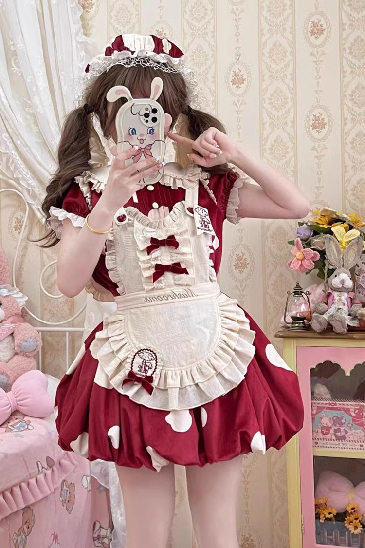 Red Mushrooms Print Short Sleeves Bowknot Sweet Lolita Jsk Dress