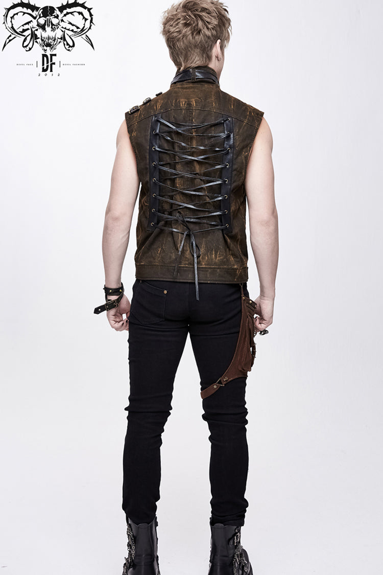 Brown Asymmetrical Bullet Belt 3D Pocket Leather Loop Rivet Back Lace Up Men's Punk Waistcoat