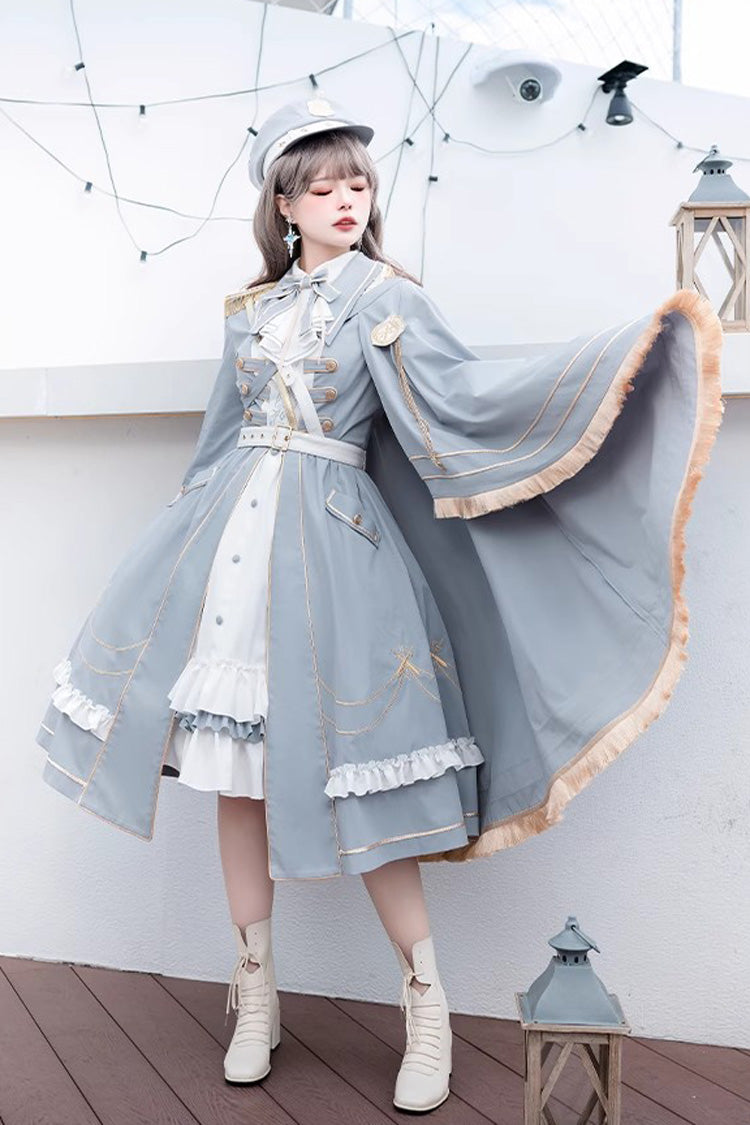 White/Blue Star Ocean Fantasy Cardigan Bowknot Stitching Sweet Military Lolita Dress