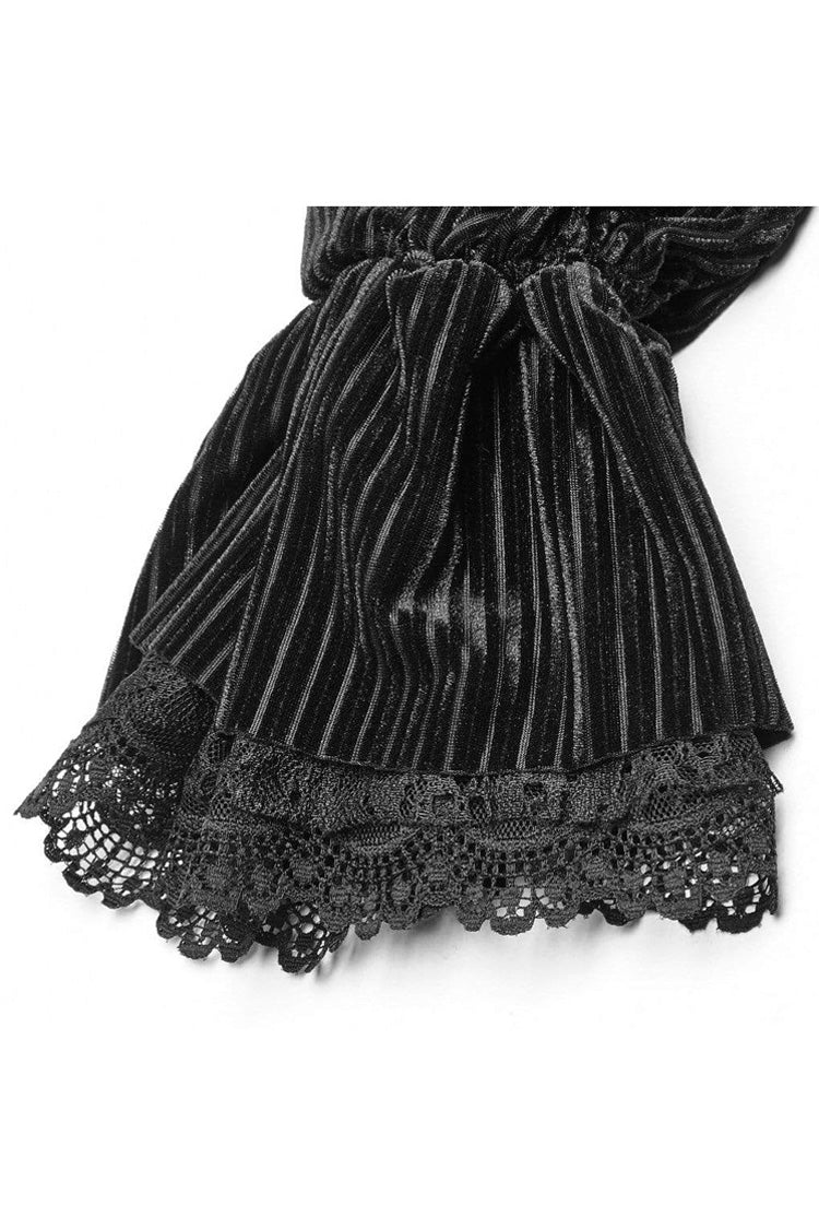 Striped Velvet Metal Retro Button Lace Cuff Back Waist Lace Up Women's Gothic Blouse