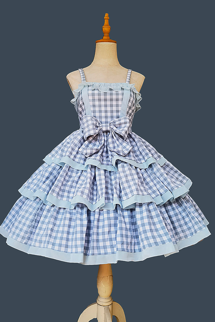 Blau [Cloth Cat] Süßes Lolita-Kleid mit dreilagigem Karomuster, Rüschen und Schleife, 2 Farben