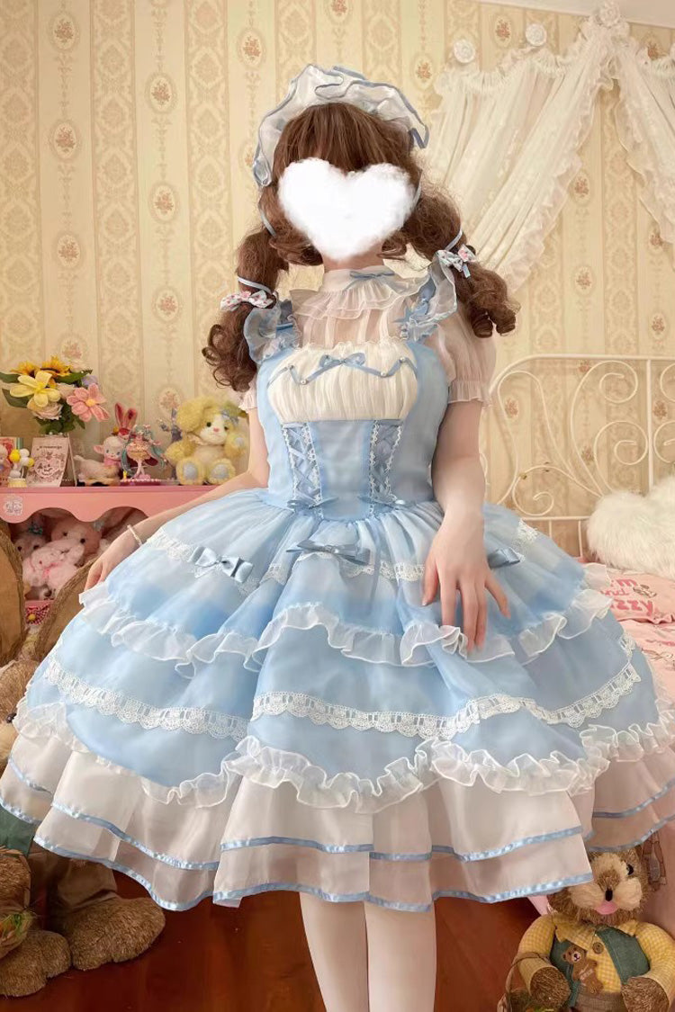 Blue Multi-layer Ruffle Bowknot Lace-Up Ballet Style Sweet Princess Lolita Tiered Dress