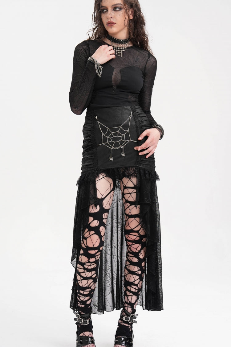 Black Chain Lace Irregular Hem Mesh Women's Gothic Skirt