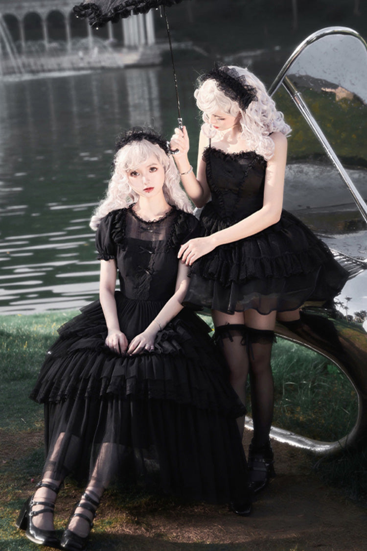 Schwarzes Twin Ivory Towers kurzärmliges fünflagiges Gothic Lolita-Kleid mit Rüschen