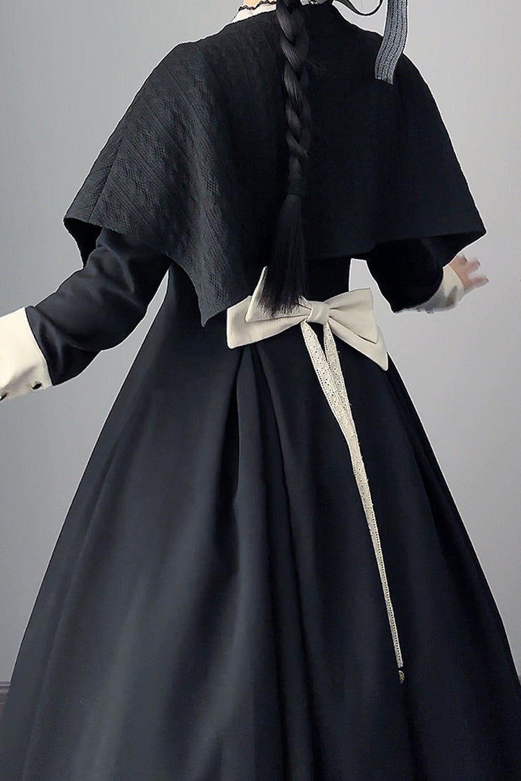 Schwarzes Lolita-Kleid im Nonnenstil mit Stehkragen und langen Ärmeln, Rüschen und Schleife