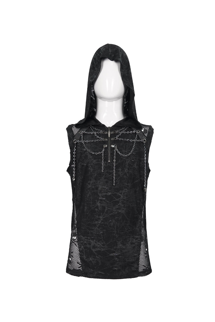 Black Skull Hollowed Out Print Stitched Sleeveless Chain Hoodie Men's Punk Shirt