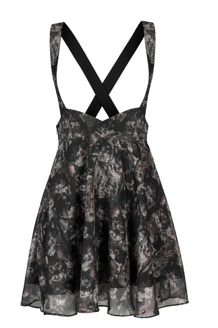 Black Super Cool Chiffon Lace Cat Print Straps Waist Low Cut A-Shaped Wide Hem Suspender Gothic Women's Skirt