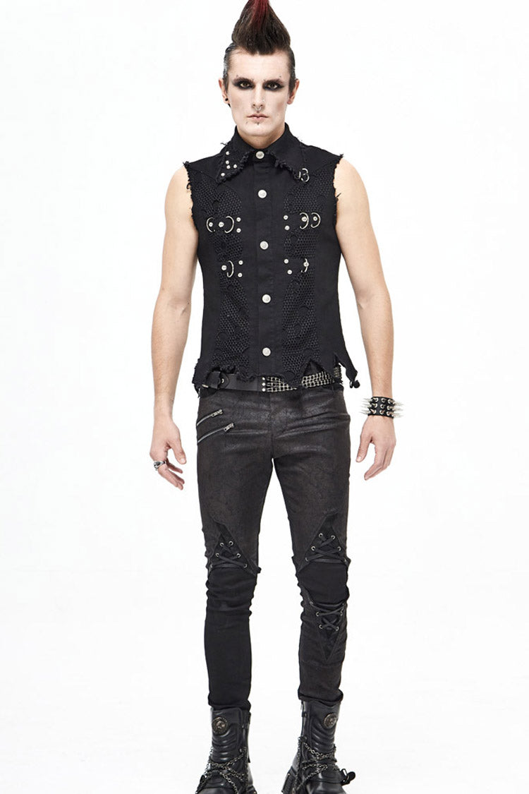 Black Worn Out Twill Mesh Decoration Rough Selvedge Hem Heavy Metal Men's Punk Waistcoat