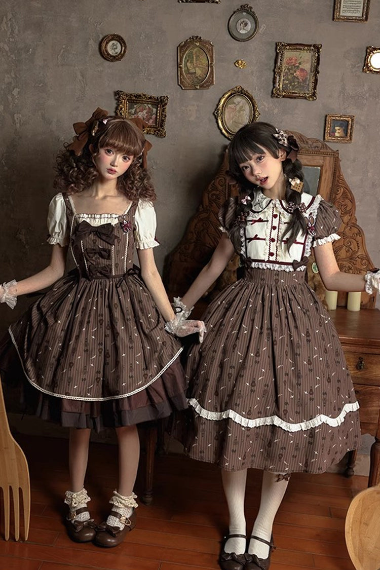 Braunes Moro Coco [Heißluftballon] Druck Rüschen Schleife Süßes Elegantes Prinzessin Lolita Kleid Lange Version