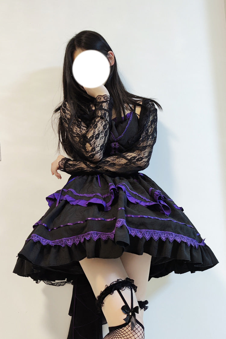 Schwarz/violettes mehrlagiges Ballettkleid im Gothic-Lolita-JSK-Stil mit Rüschen am Seine-River-Muster