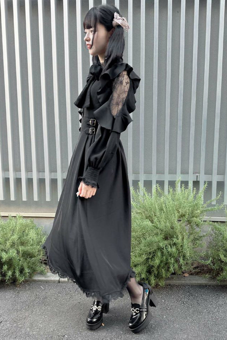 Black Stand Collar Off Shoulder Long Sleeves Hollow Bowknot Slim Jirai Kei Japanese Dress