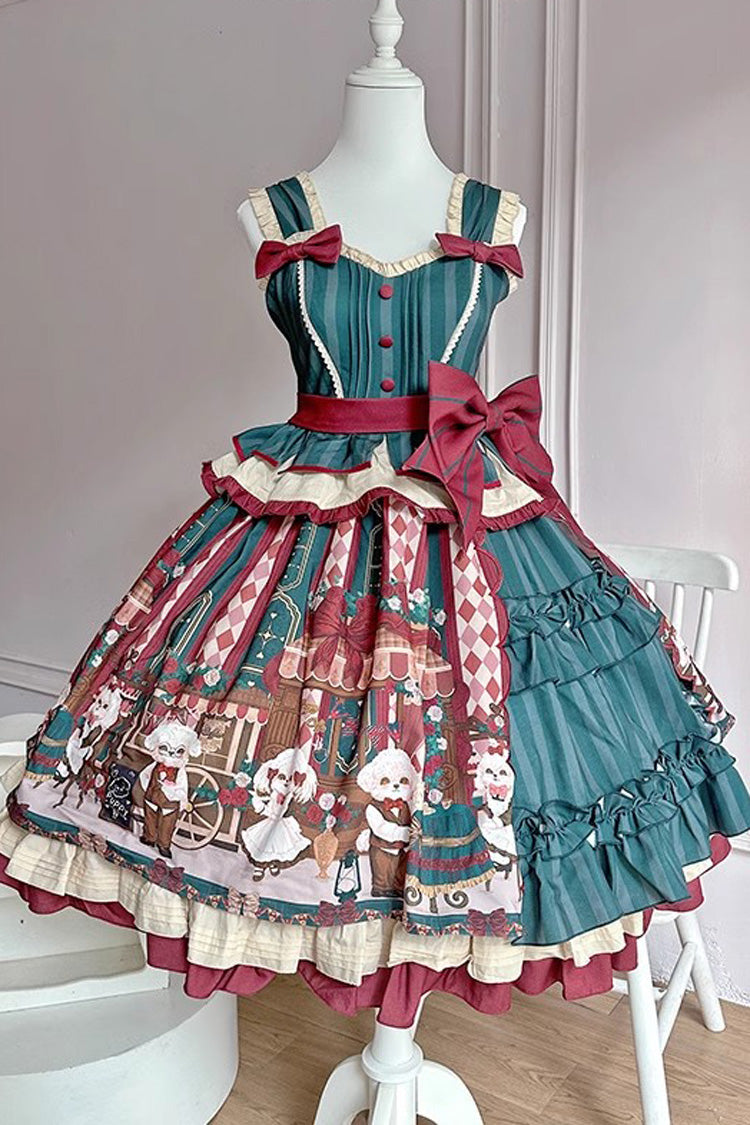 [Puppy Cafe] Print Ruffle Bowknot Sweet Lolita Dress 3 Colors