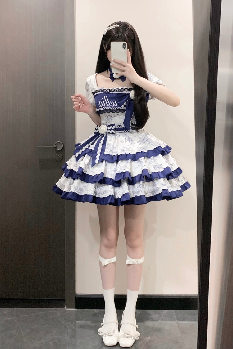 Blue/White Porcelain Print Multi-layer Ruffle Embroidery Bowknot Sweet Lolita Dress