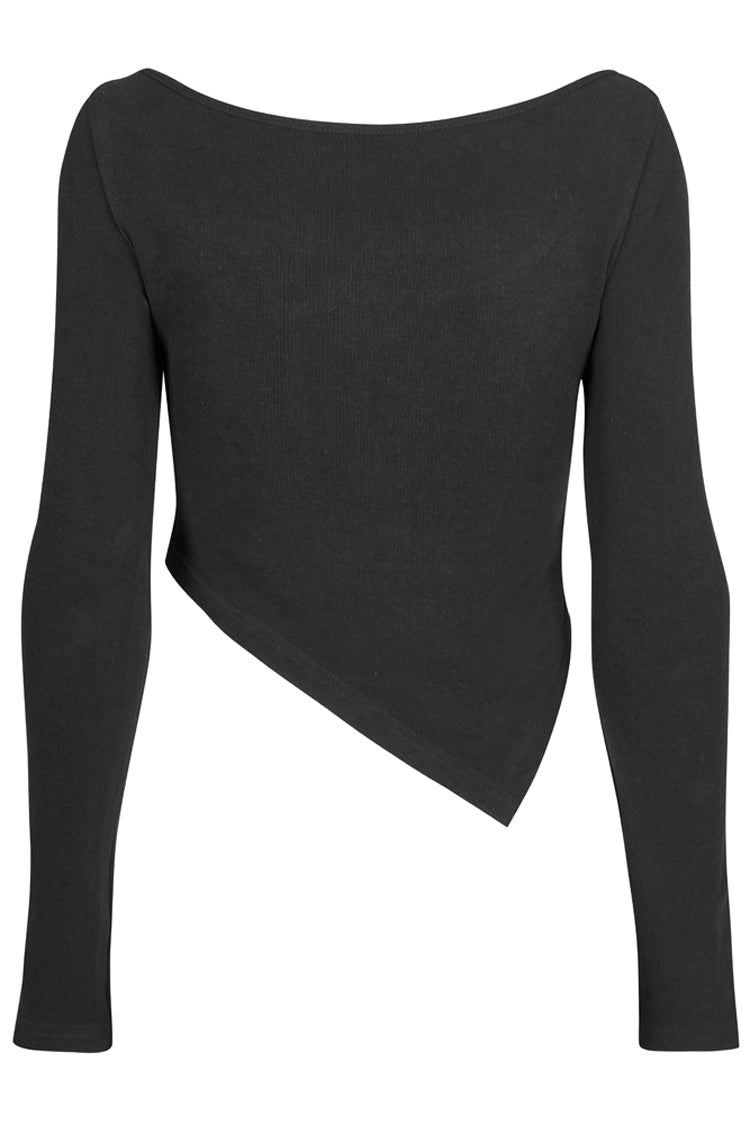 Black Asymmetric Hem Design Sexy Hollow Metal Cross-Chain Decoration Long Sleeve Women's Punk T-Shirt