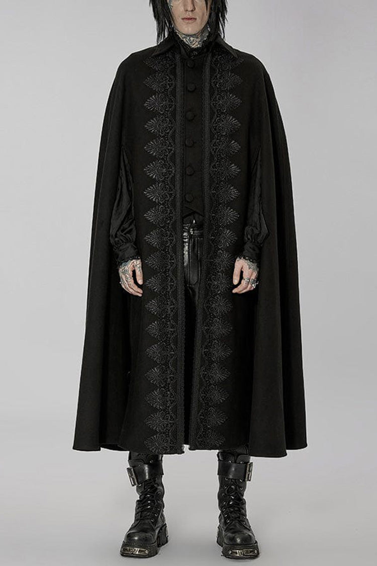 Black Punk Stand Collar Front Lacework Decorate Side Slit Long Men's Cloak