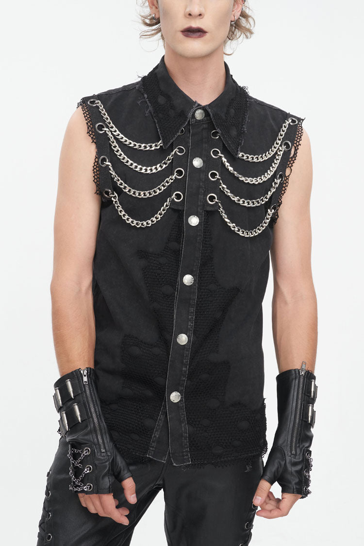 Black Lapel Collar Sleeveless Slim Men's Punk Vest