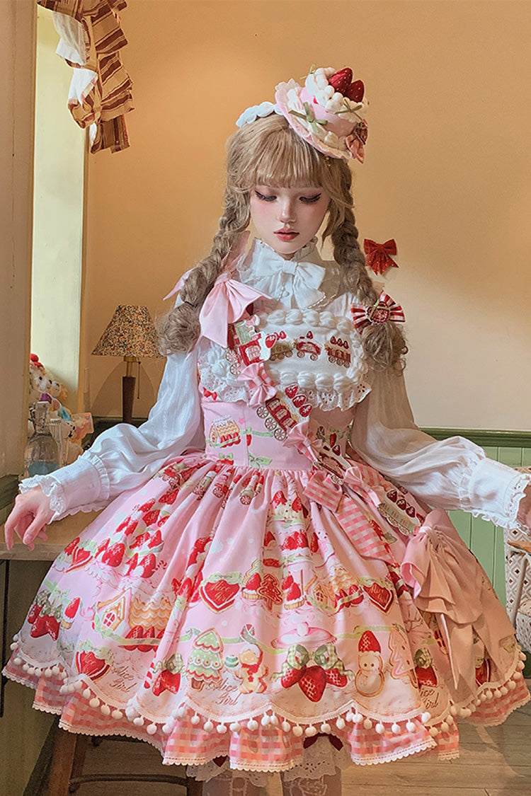 Mint Erdbeer Dessert Print Natürlich taillierte Rüschen Schleife Süßes Lolita JSK Kleid 4 Farben