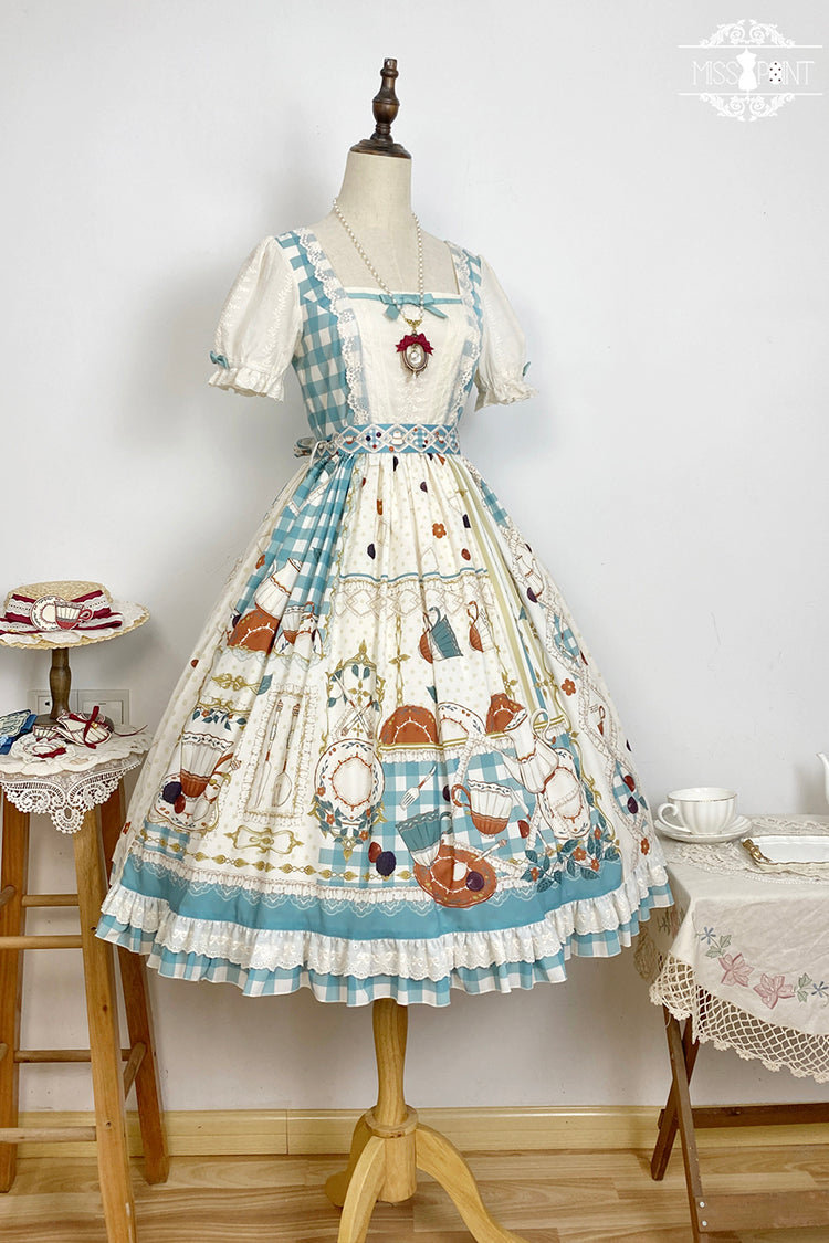 Blue/Green [Tea Party] Short Sleeves Print Ruffle Bowknot Lace Sweet Elegant Lolita Dress