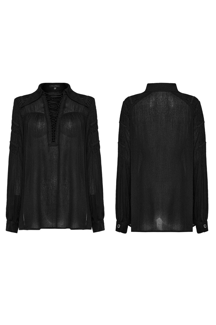 Damen Umlegekragen Lange Ärmel Spitze Geraffte Gothic Bluse 2 Farben