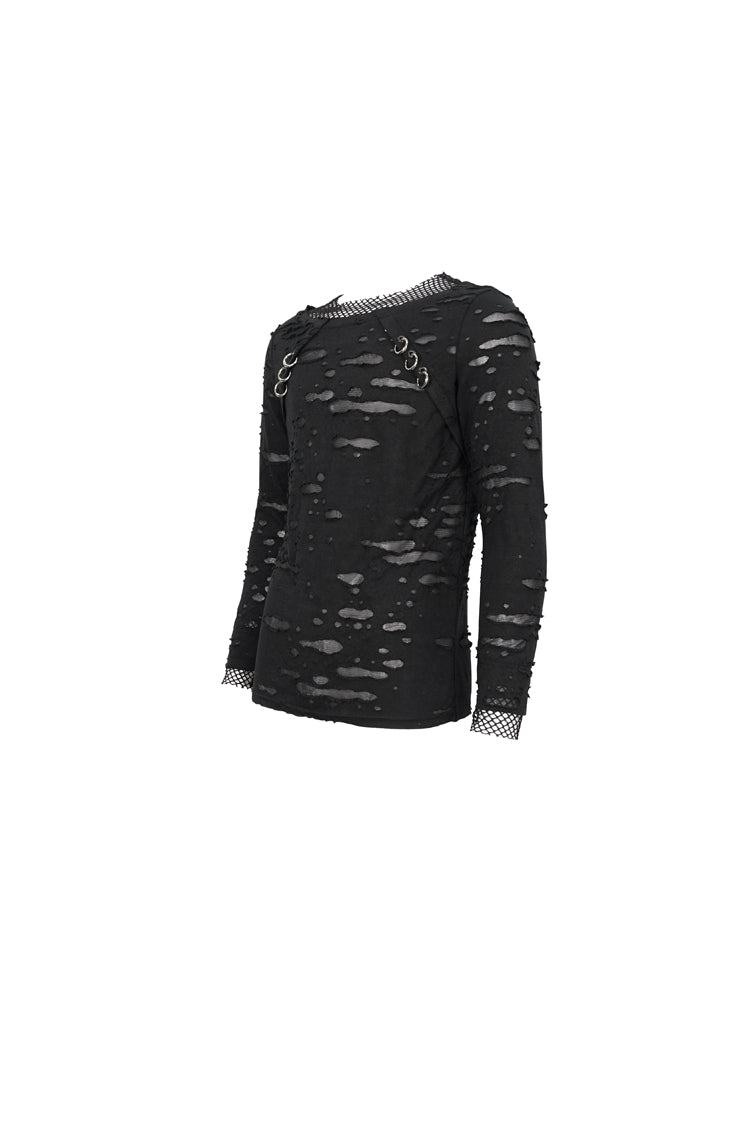 Black Diamond Mesh Irregular Hole Long-Sleeved Men's Punk T-Shirt