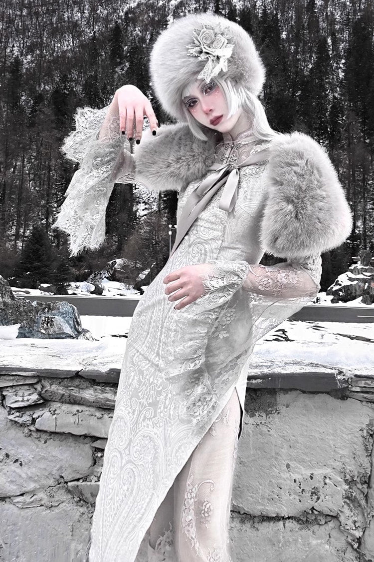 Silver [The Call of the Snow Country] V Collar Long Sleeves High Waisted Ruffle Lace Gothic Lolita Fishtail Dress