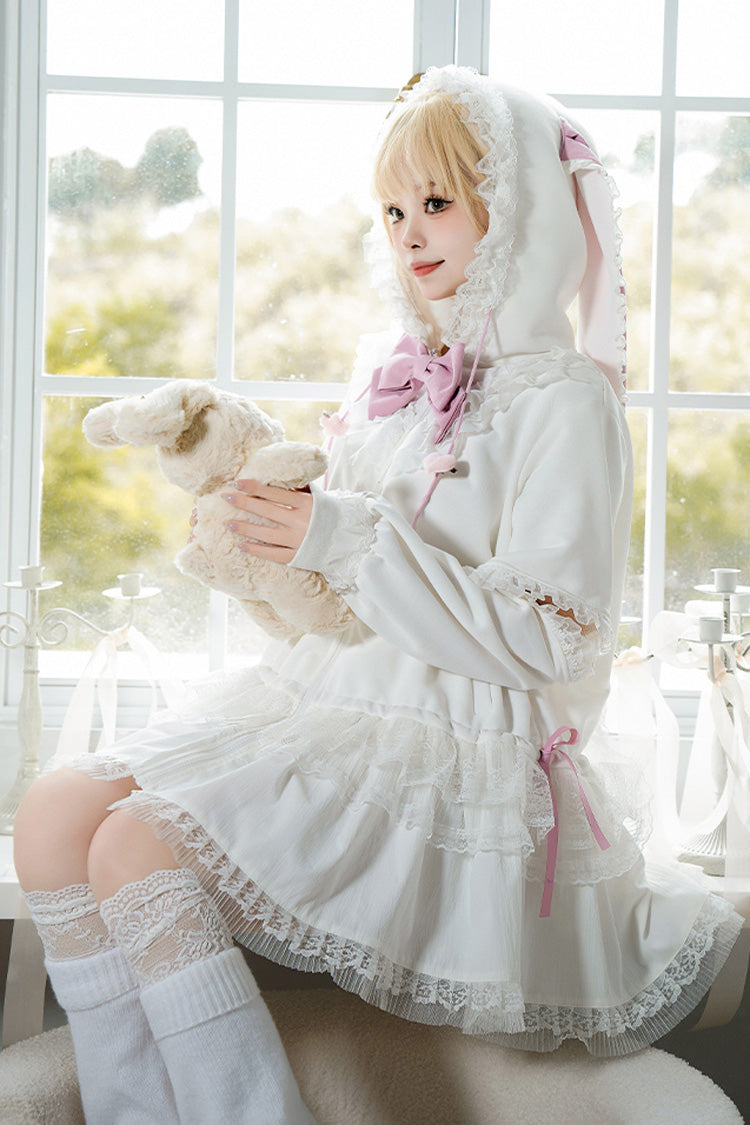 White Rabbit Ears Hooded Bowknot Lace Sweet Lolita Coat Set