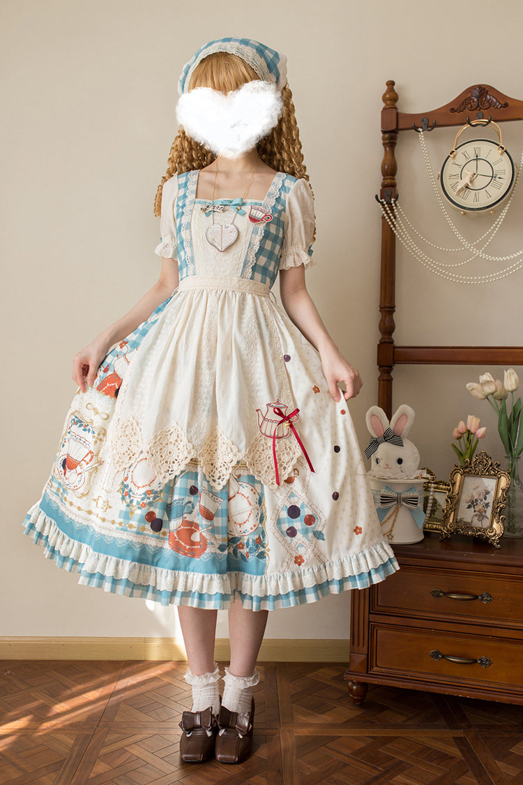 Blue/Green [Tea Party] Short Sleeves Print Ruffle Bowknot Lace Sweet Elegant Lolita Dress