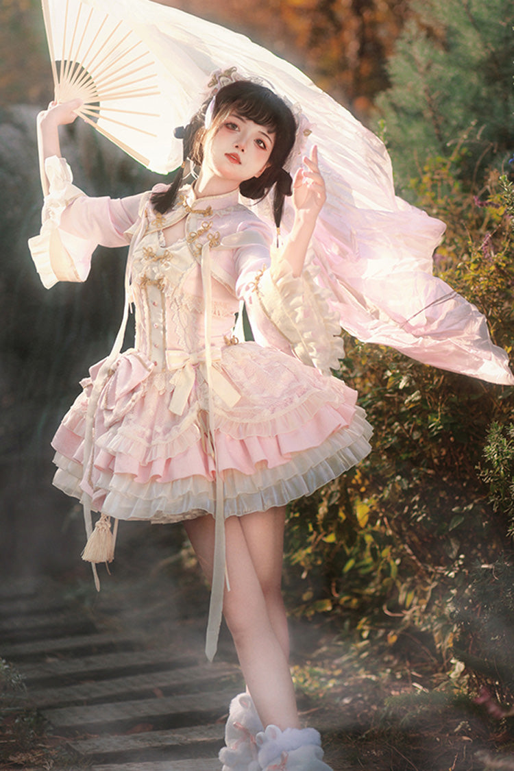 Pink White Pear Dream Multi-layer Ruffle Lace Sweet Chinese Style Princess Lolita Jsk Dress