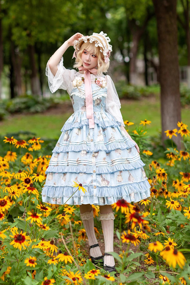 Miss Rabbit Dance Print Multi-layer Ruffle Sweet Elegant Lolita Jsk Dress 4 Colors