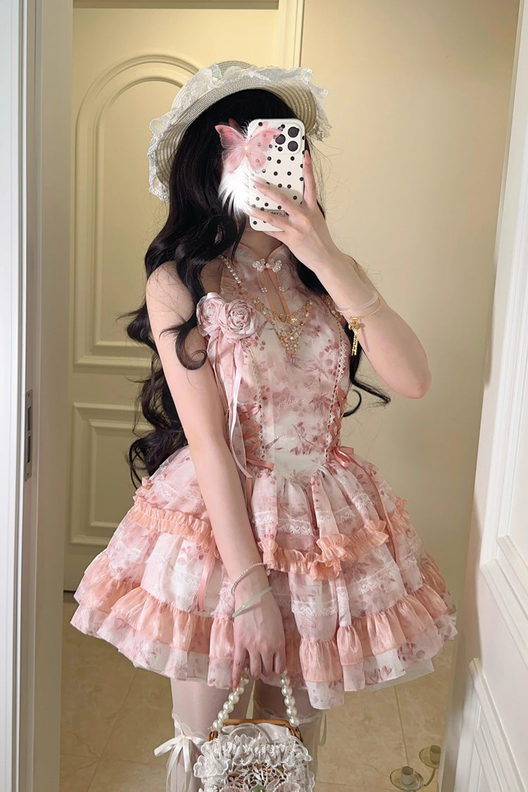 Peach Moon Bamboo Halterneck Multi-layer Print Ruffle Sweet Chinese Style Lolita Dress 2 Colors