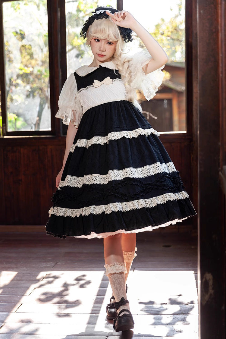 Kindergarten Class Theme Short Sleeves Jacquard Ruffle Bowknot Sweet Lolita Dress 3 Colors