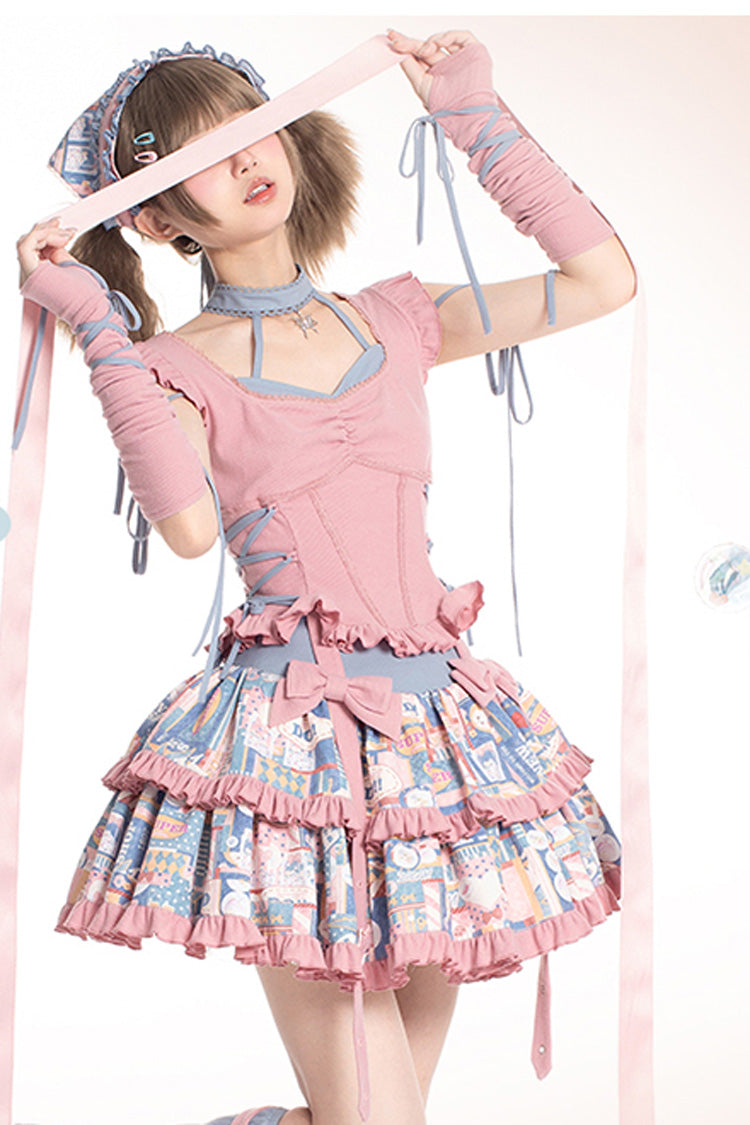 Pink Double-Layered Pop Advertising Paper Print Ruffle Bowknot Sweet Lolita Skirt Set