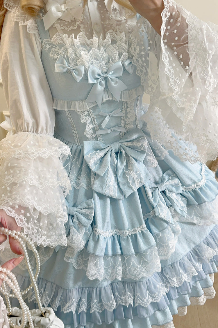 Blue Multi-Layered Ruffle Bowknot Stitching Lace Sweet Lolita Jsk Dress