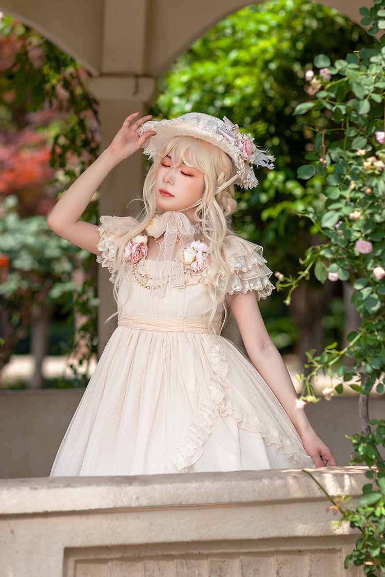 Apricot [Moon goddess *Mediana*] Polka Dot Print Ruffle Bowknot Asymmetric Sweet Elegant Lolita Dress