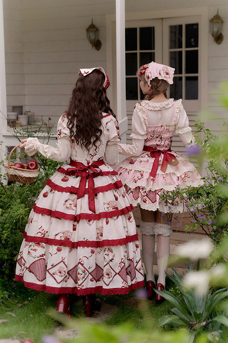 Red/Beige Triple-Layered [Apple Orchard] Print Ruffle Embroidery Sweet Lolita Long Skirt