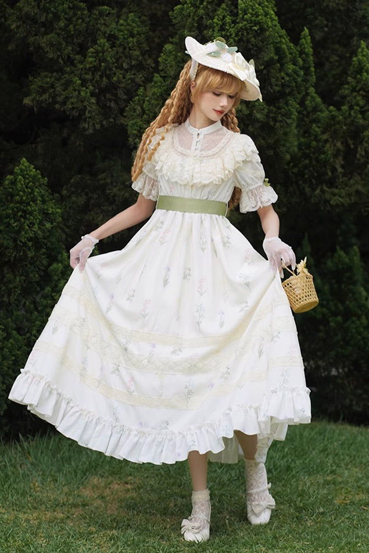 White/Green Letters and Poems to Austen Short Sleeves Print Hollow Lace Sweet Elegant Lolita Dress
