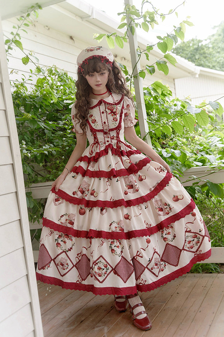 Red/Beige Triple-Layered [Apple Orchard] Print Ruffle Embroidery Sweet Lolita Long Skirt