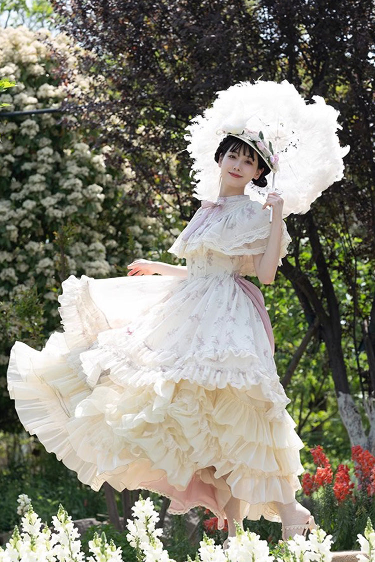 Süßes Lolita-Kleid im Prinzessinnen-Stil mit mehrfarbigem Glockenblumen-Print und Rüschenspitze