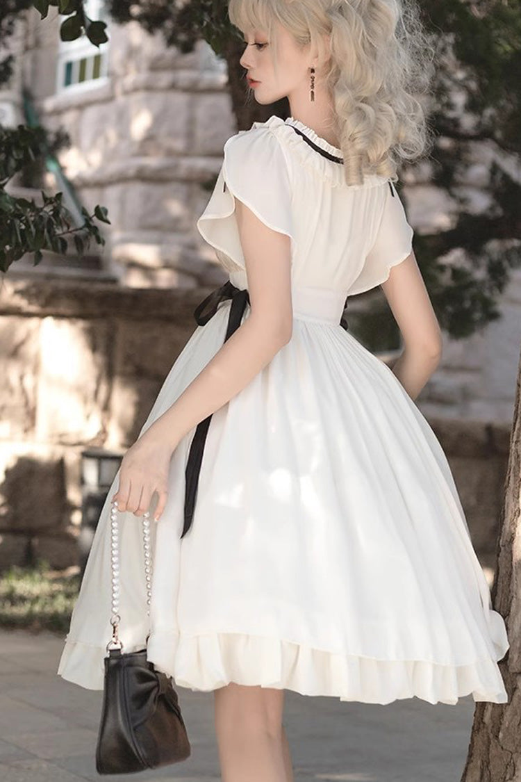 Weißes süßes Lolita-Kleid aus Chiffon mit kurzen Ärmeln und Rüschen im Moonlight March