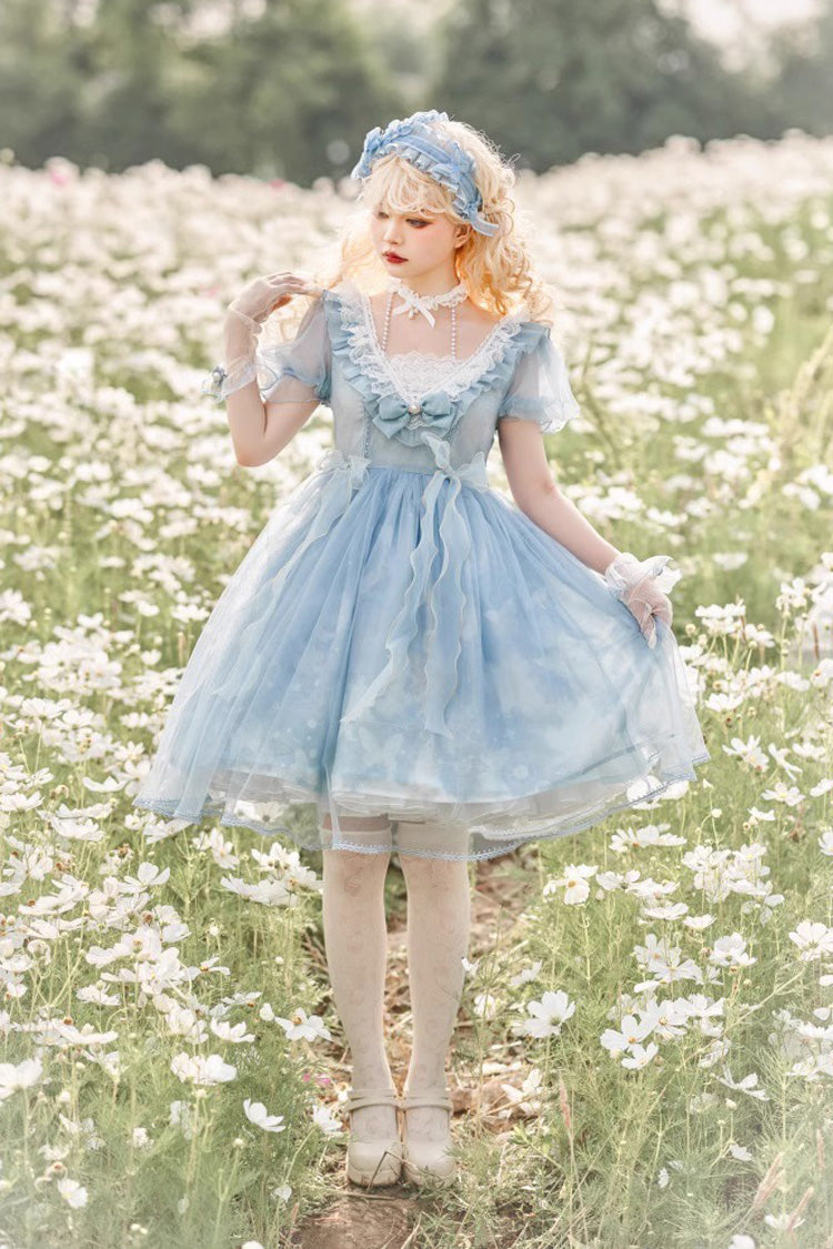 Blaues süßes Lolita-Kleid mit Rüschenspitze und Planeten-Schmetterlings-Print