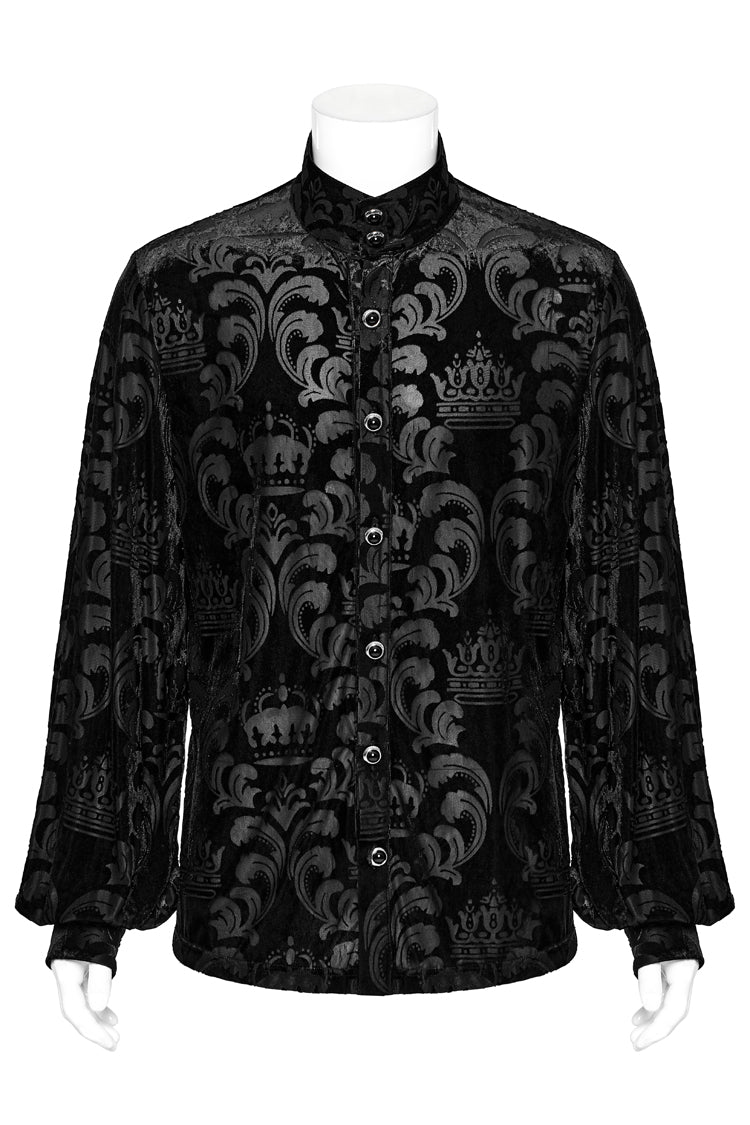 Schwarze Gothic-Bluse für Herren mit Stehkragen und Puffärmeln und Jacquard-Print