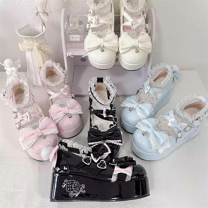 Confession Willingness Height Increasing Print Bowknot Lace Sweet Lolita Shoes 4 Colors