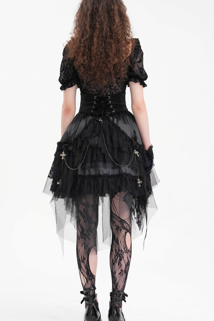 Black Cross Chain Ruffle Lace Irregular Hem Women's Gothic Skirt