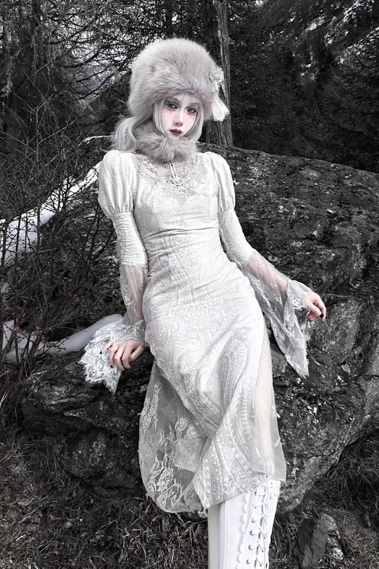 Silver [The Call of the Snow Country] V Collar Long Sleeves High Waisted Ruffle Lace Gothic Lolita Fishtail Dress