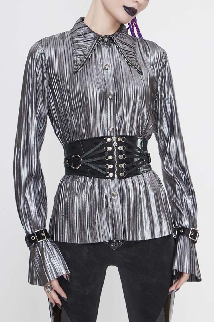 Silver Metal Buckles CuffPleated Pointed Collar Leather Loops Punk Shirt